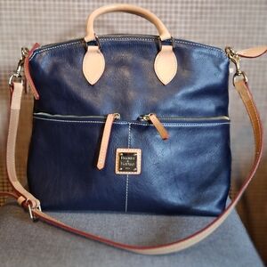 Dooney & Bourke Deep Blue Satchel with Tan Accents, EUC